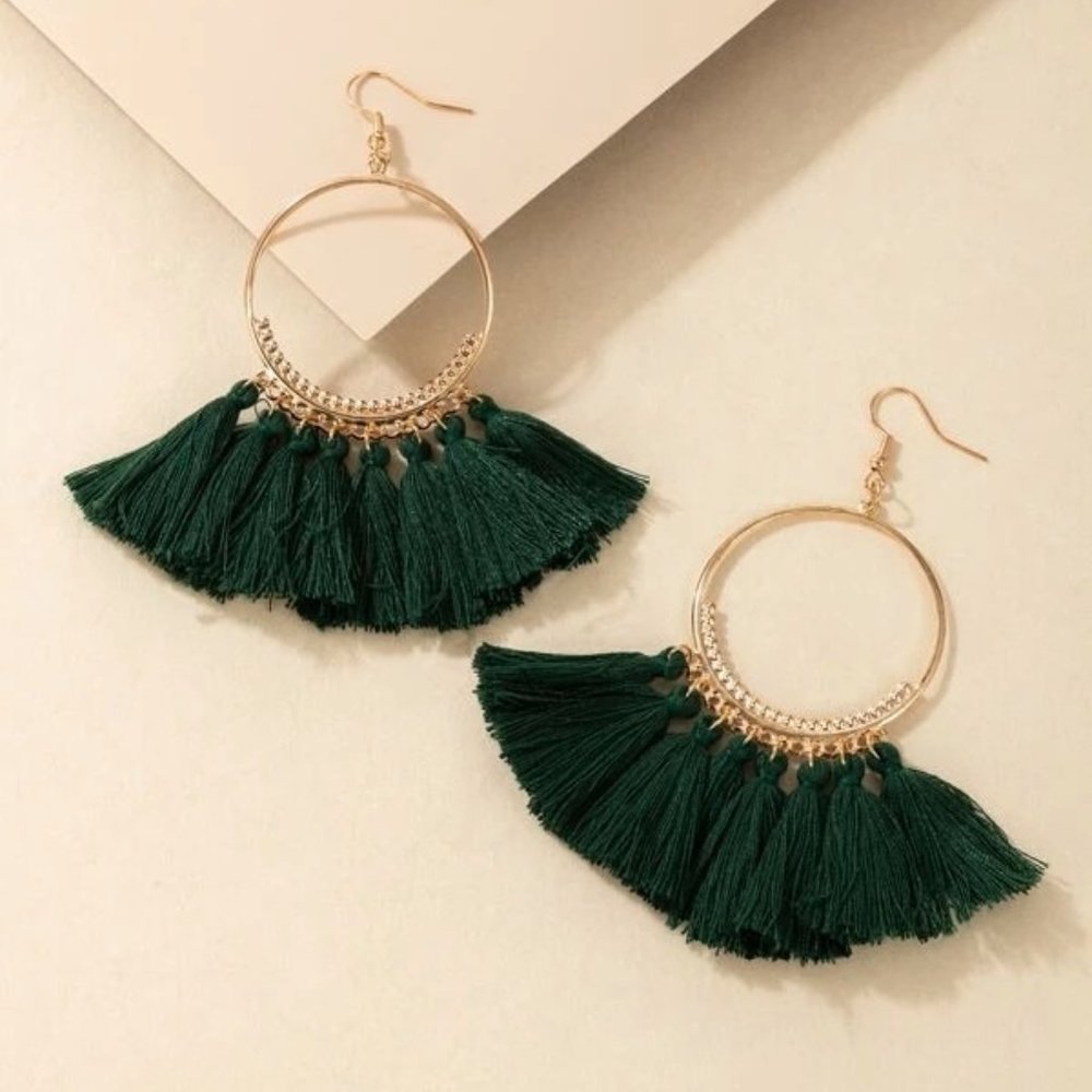 NEW Green Gold Fringe Tassel Round‎ Earrings Boho